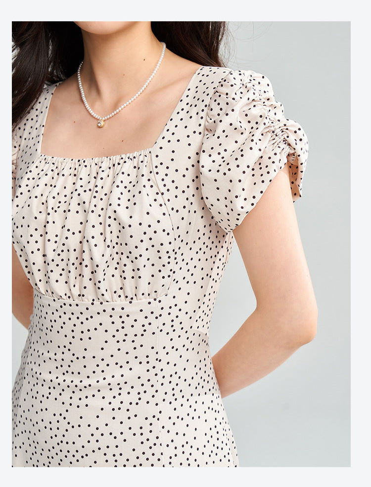 Apricot Polka Dot Puff Sleeve Midi Dress