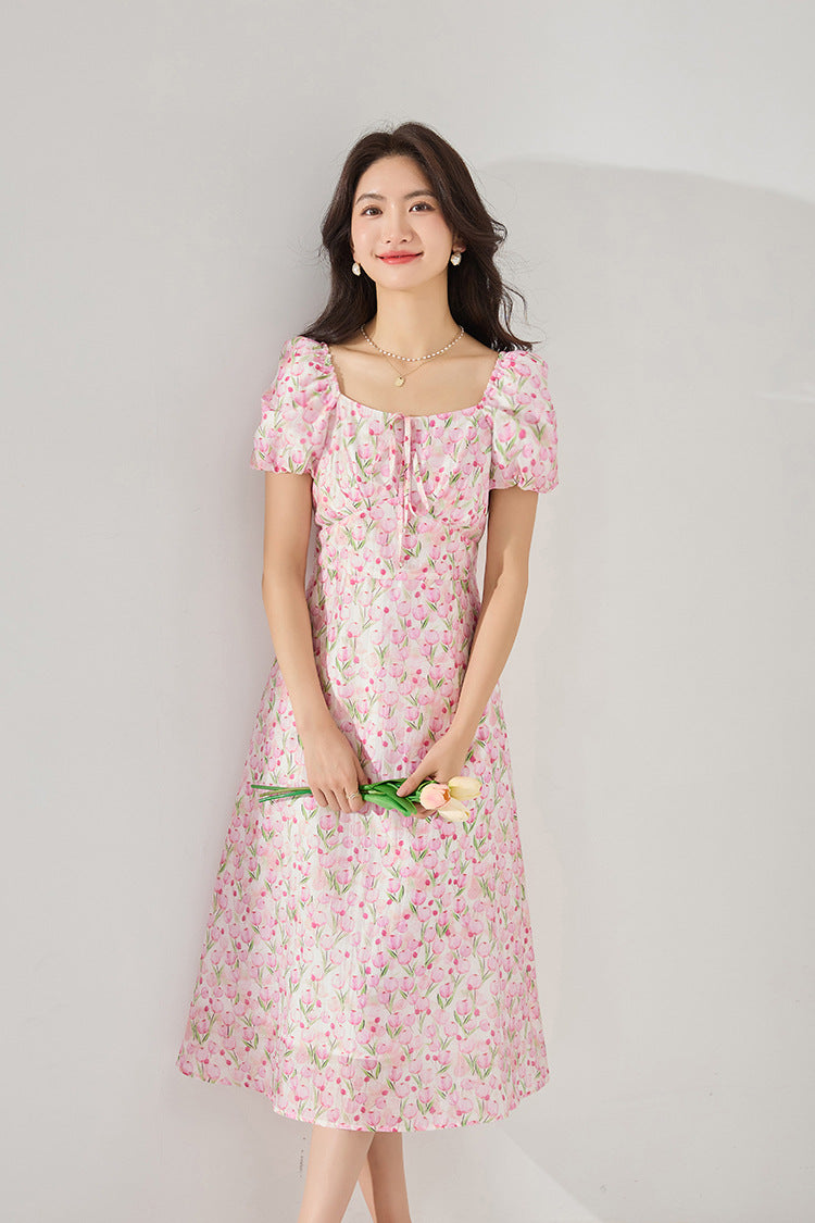 Fitted Waist Polka Dot Puff Sleeve Summer Dress
