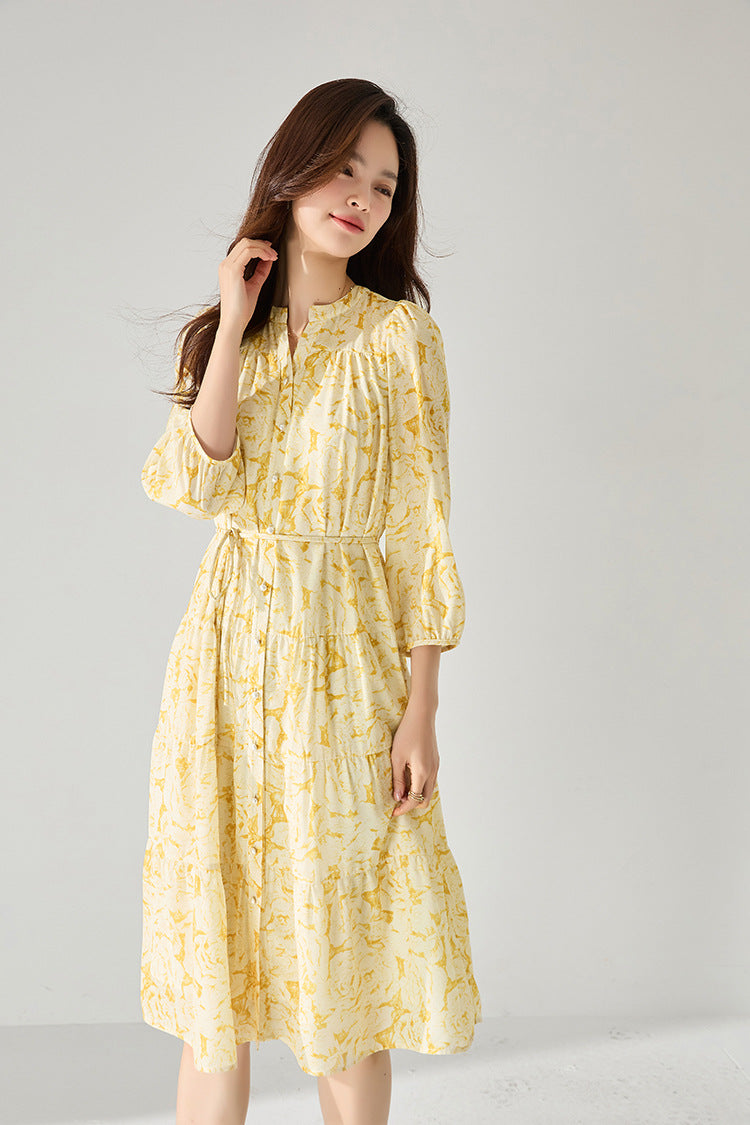 Yellow Floral Chiffon Long Dress