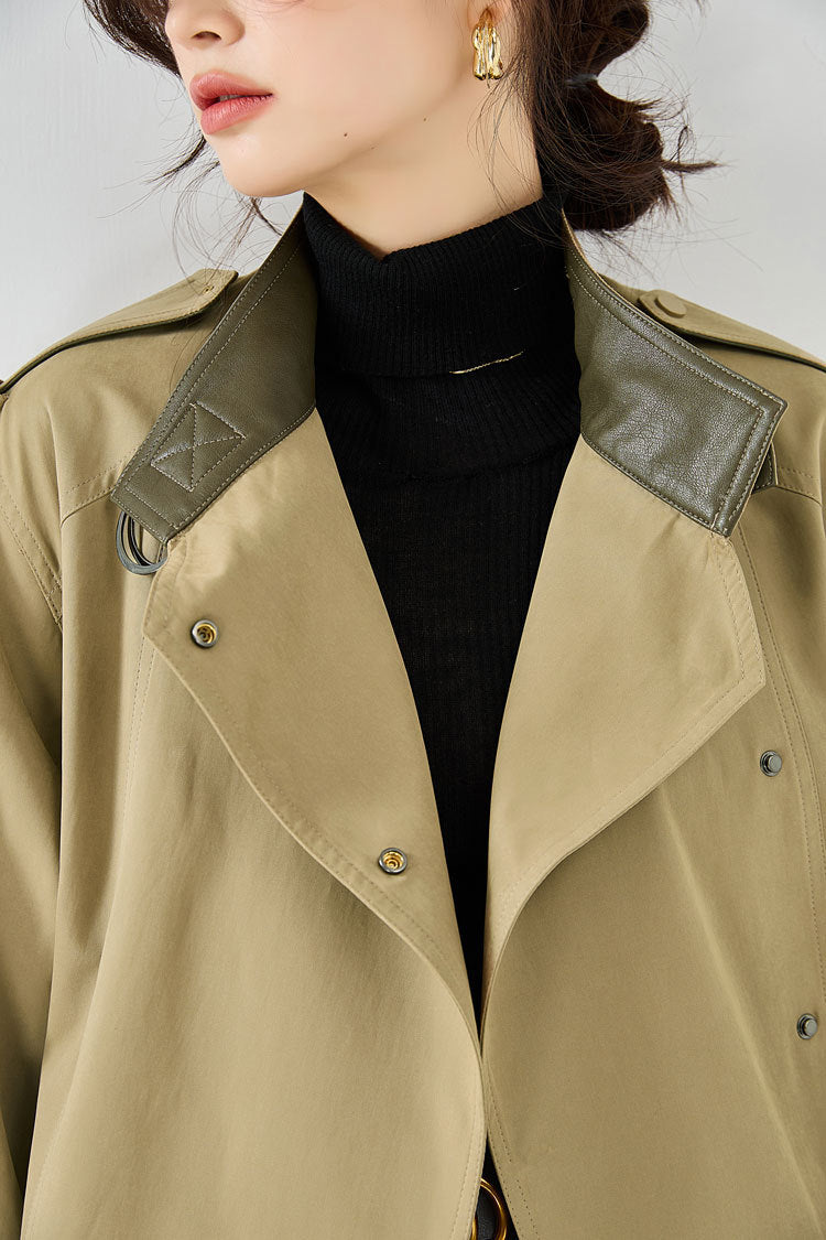 Velvet-Textured Stand Collar Mid-Length Trench Coat