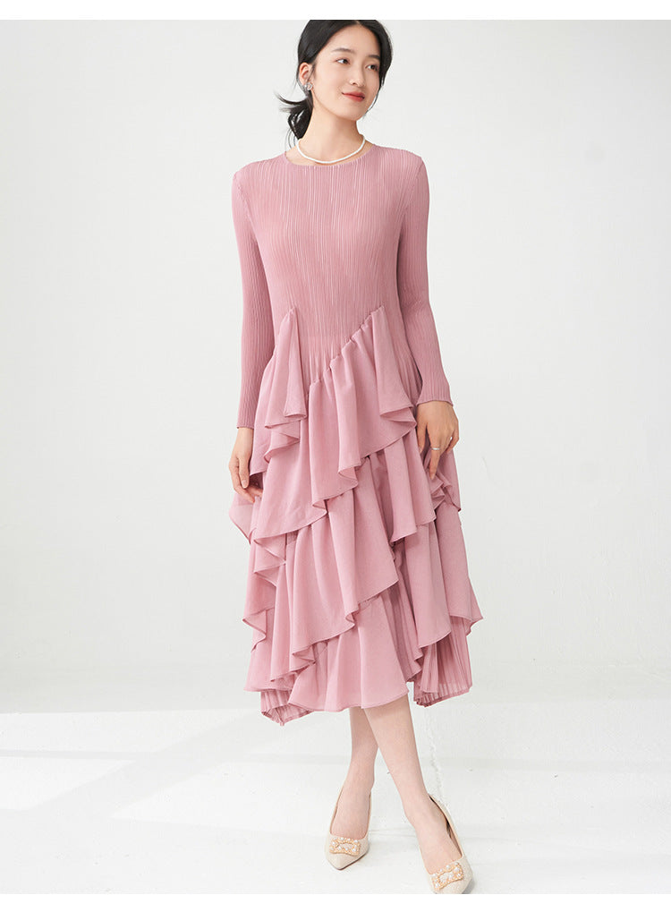 Spring Breeze Ruffled Midi Dress – Long Sleeve, One Size
