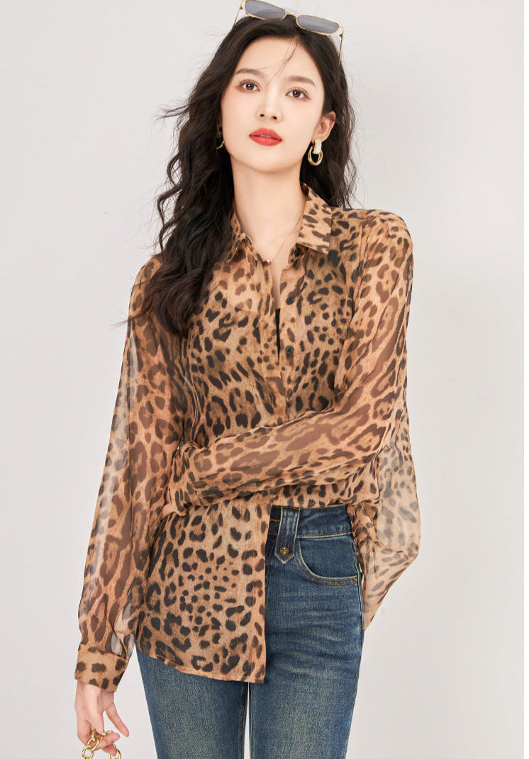 Leopard Print Sheer Mesh Shirt