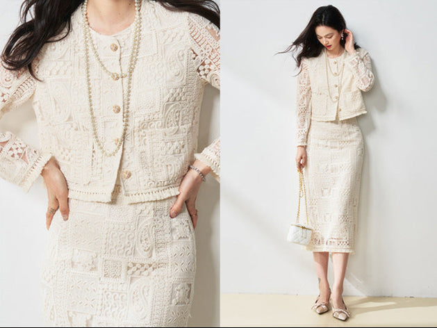 Luxury Beige Two-Piece Set with Fringe & Hollow Floral Details