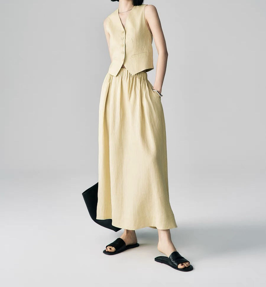 Linen Vest & Midi Skirt Set – Timeless Summer Elegance