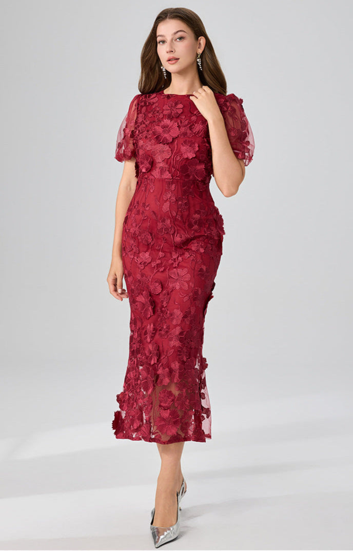3D Floral Red Mermaid Dress