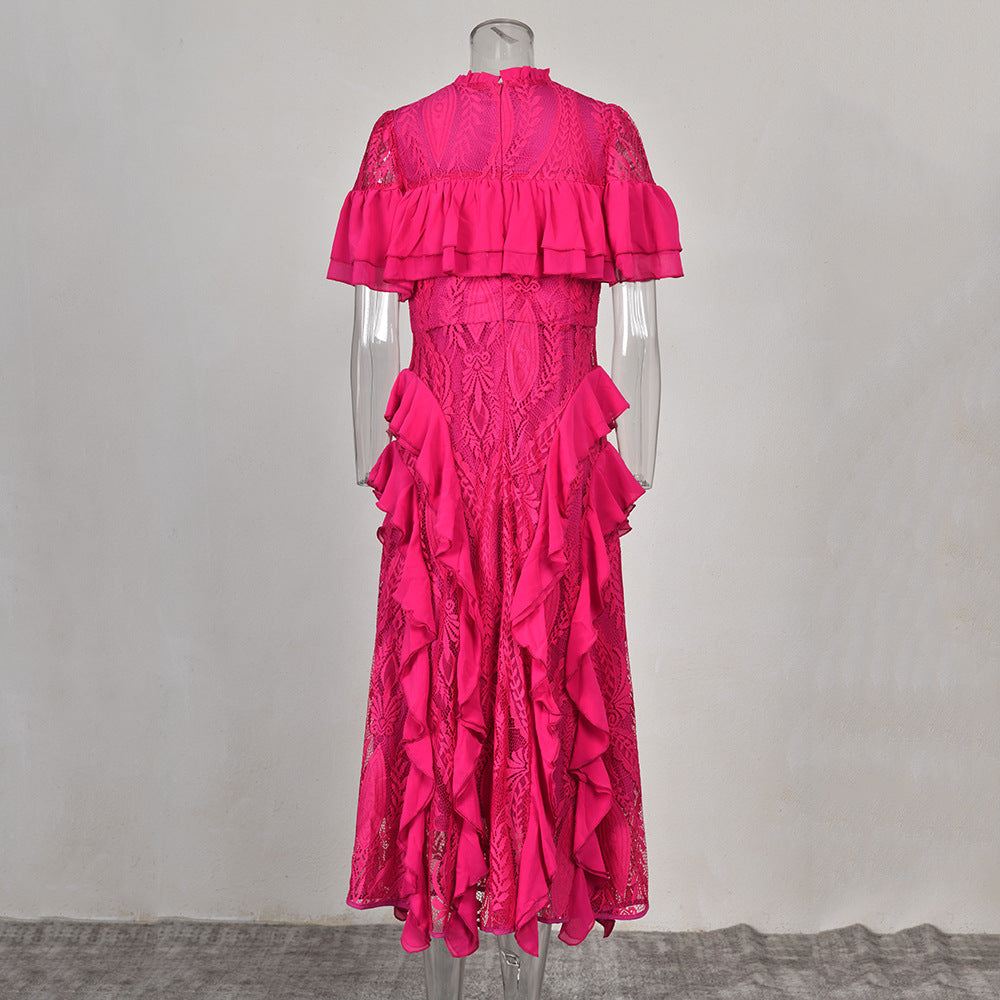 Frilled Short Sleeve Lace-Trim Lotus Dress