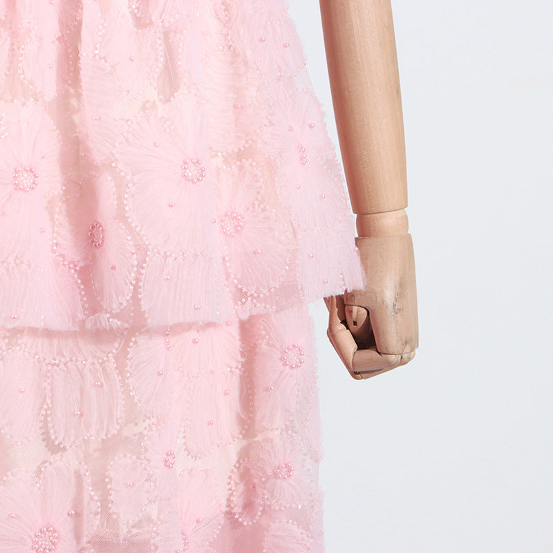 French Elegance Tiered Tulle Embroidered Maxi Dress