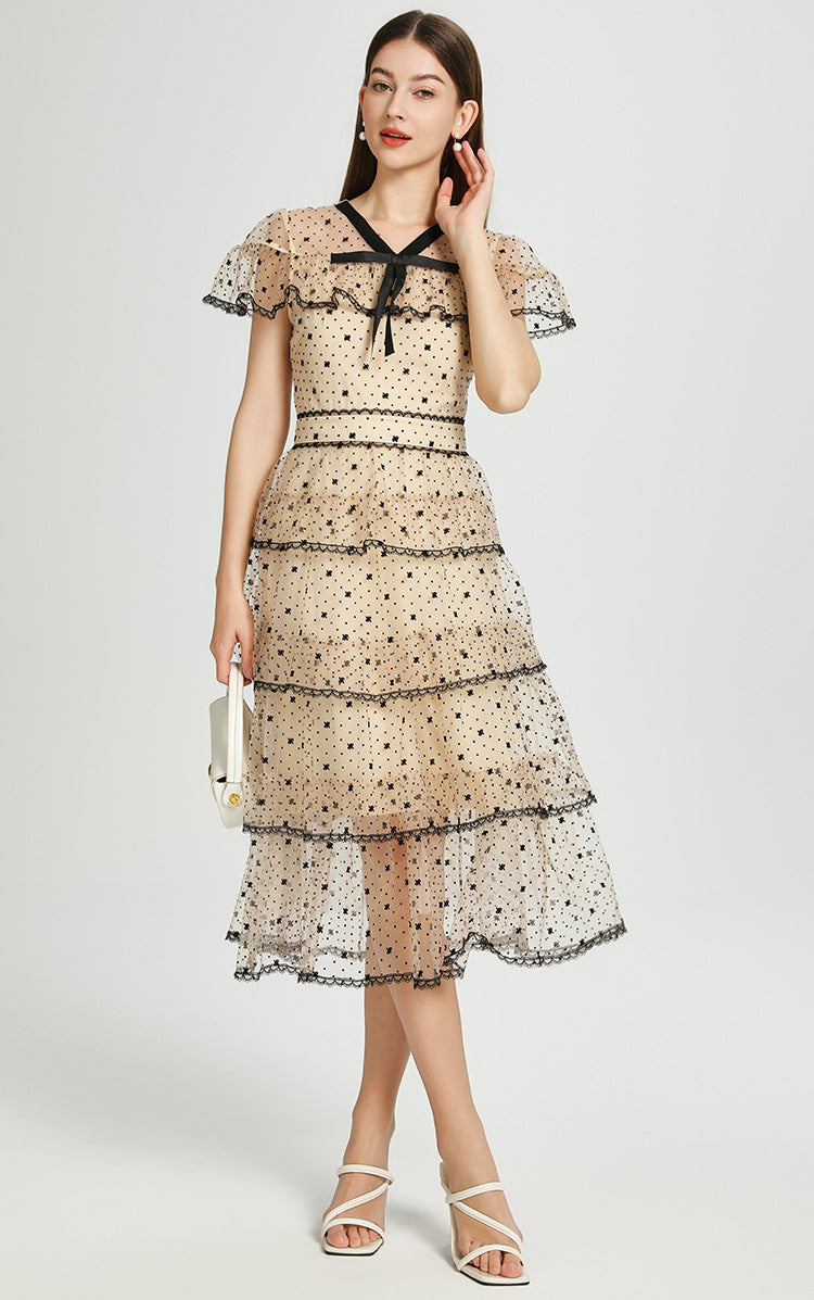 Retro Polka Dot Tiered Tulle Dress – Apricot Elegance
