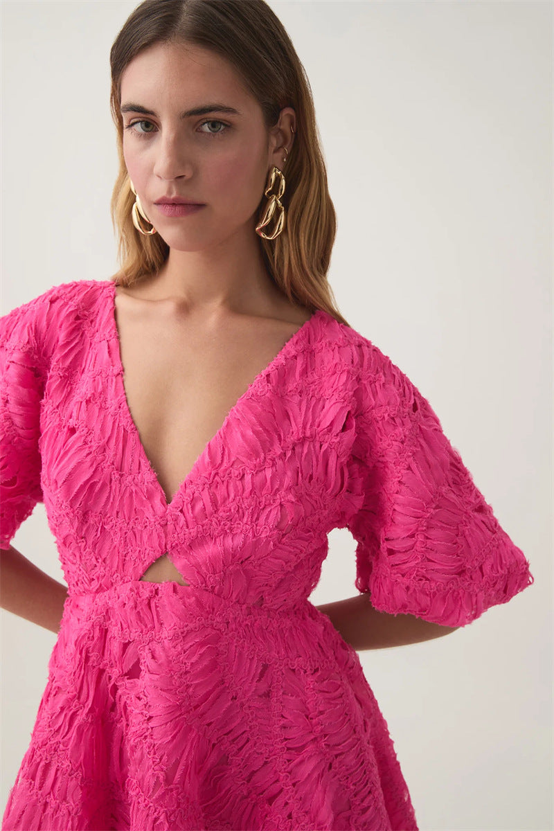Textured Short Puff Sleeve A-Line Dress