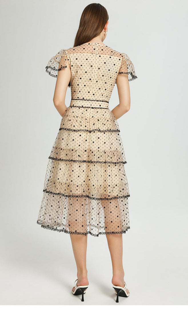 Retro Polka Dot Tiered Tulle Dress – Apricot Elegance