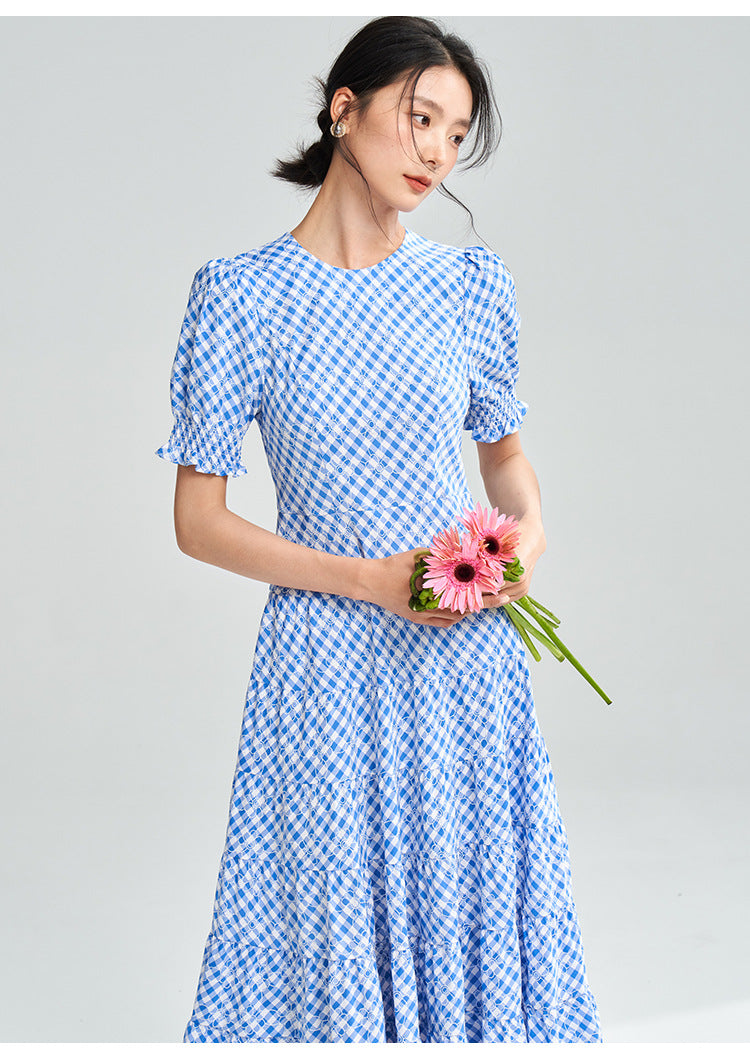 Blue-White Plaid Midi Dress