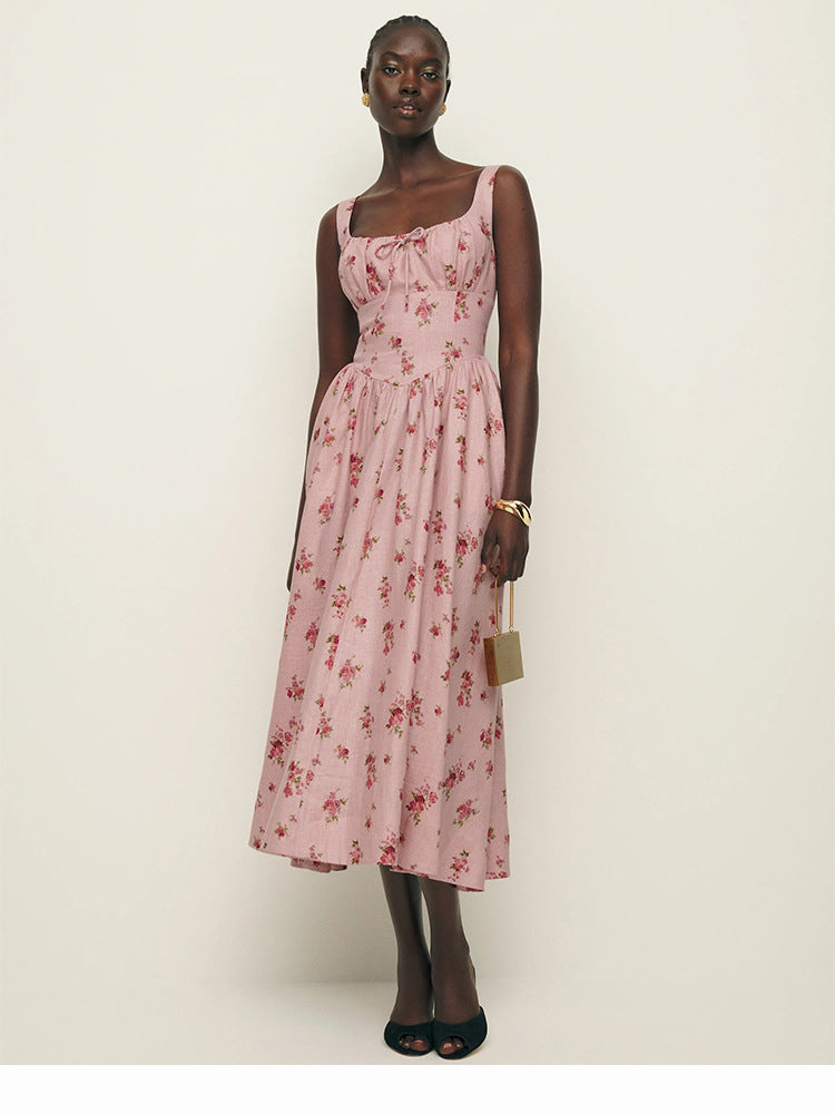 Pink Linen Summer Dress with Square Neckline – French Retro Vibes