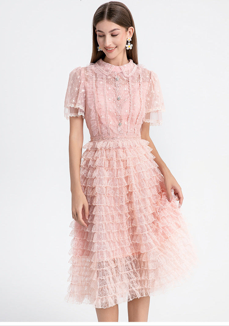 Blush Ruffle Lace Dress with Peter Pan Collar & Puff Sleeves