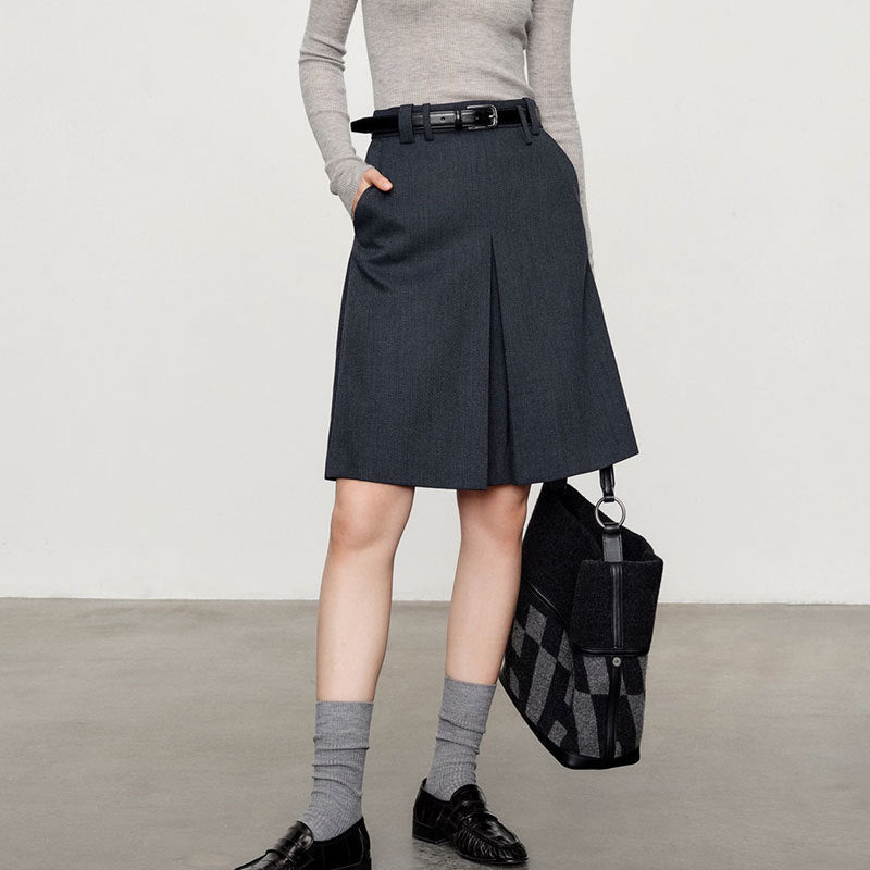 Wool Serge Twill Midi Skirt – High Waist A-Line Office Style