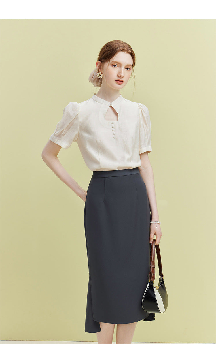 Elegant Ripple Collar Sheer Short Sleeve Blouse