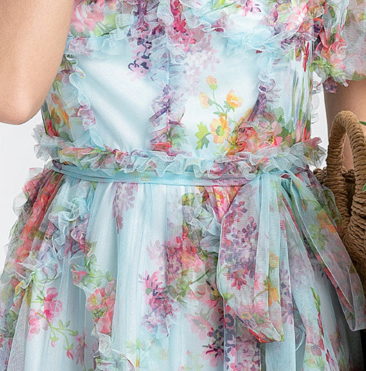 Square Neck Ruffle Sleeve Tulle Fairy Dress