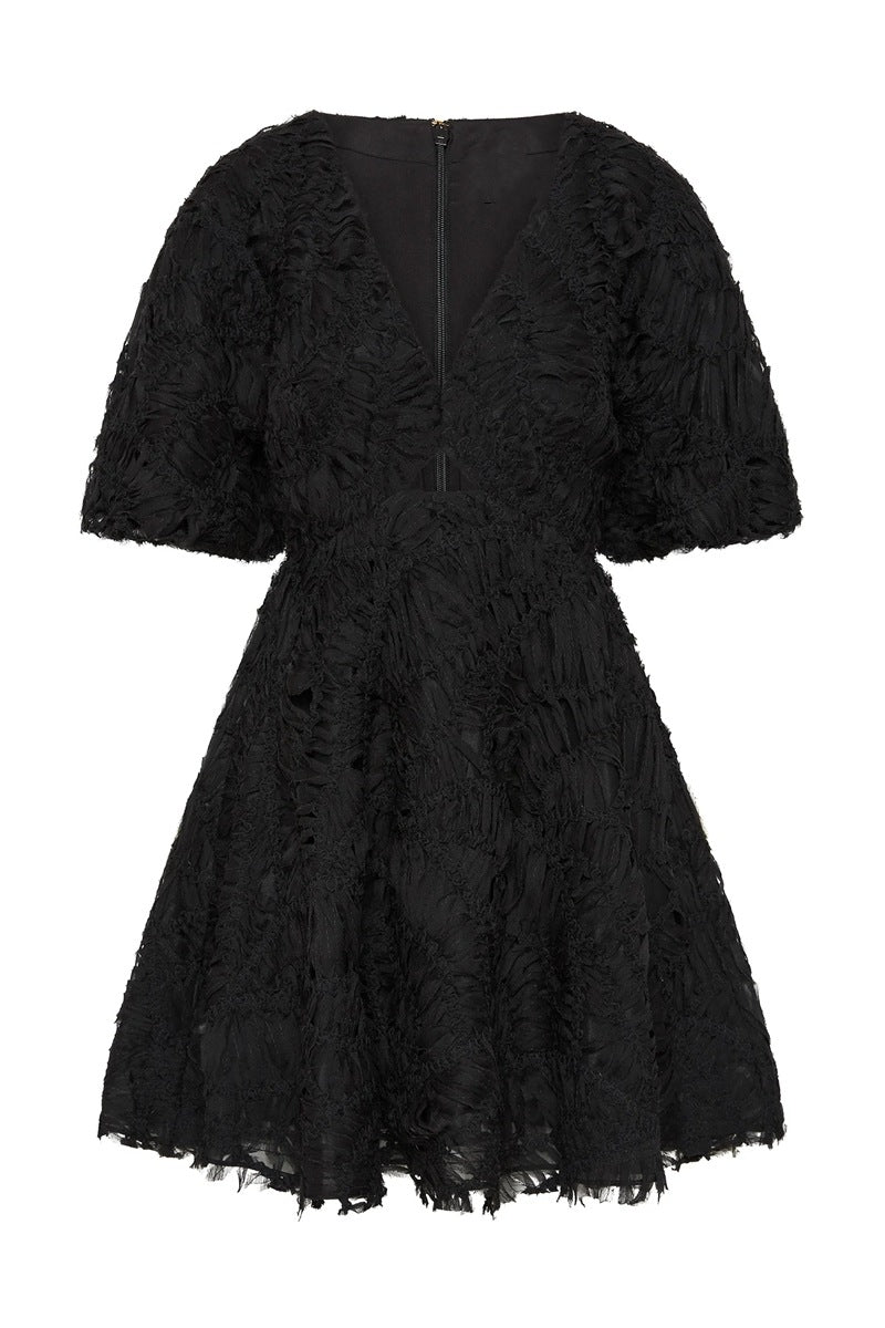 Textured Short Puff Sleeve A-Line Dress