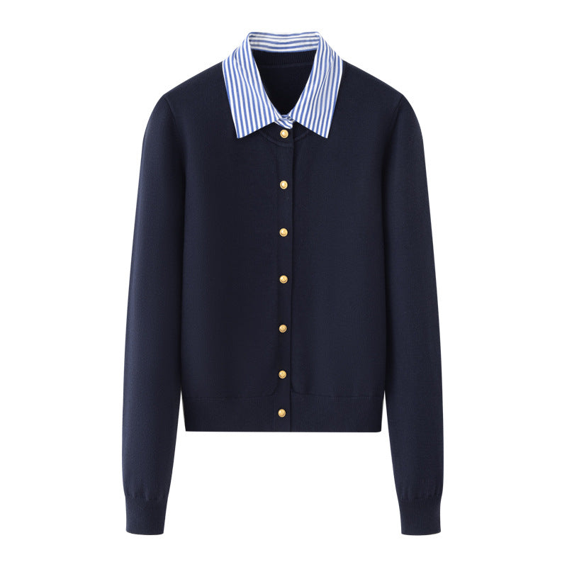 Fake Two-Piece Women's Sweater – Striped Polo Collar Design