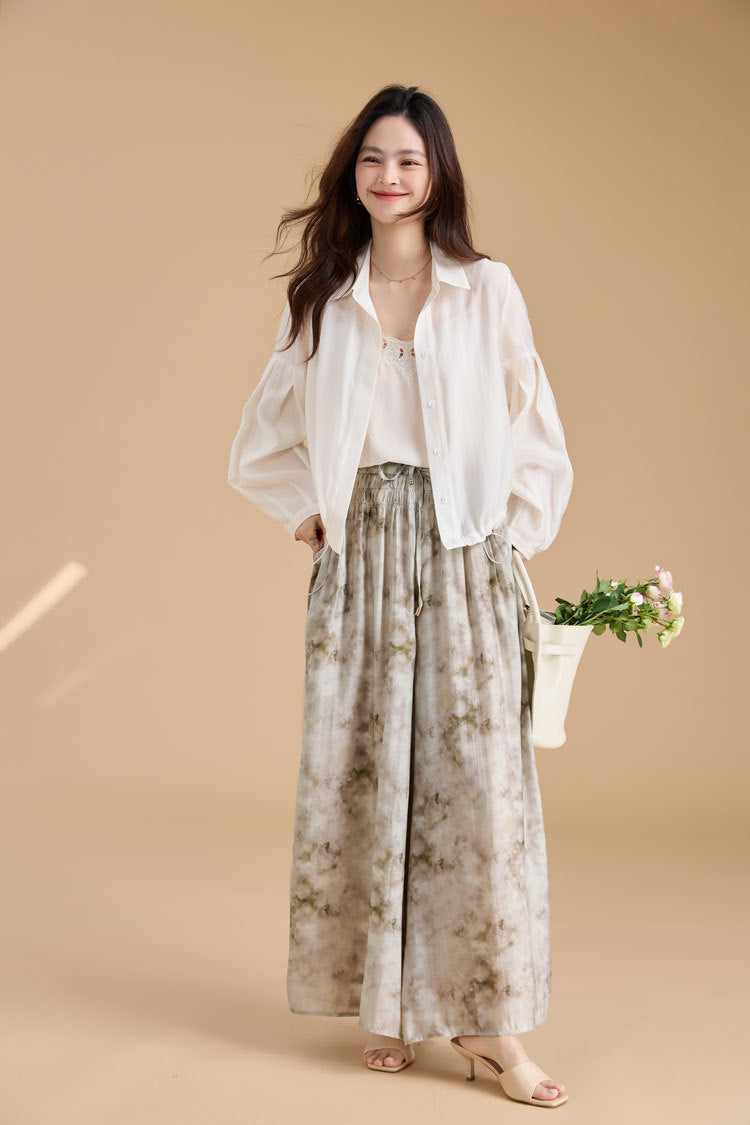 Elegant Ink Print Wide-Leg Tencel Pants