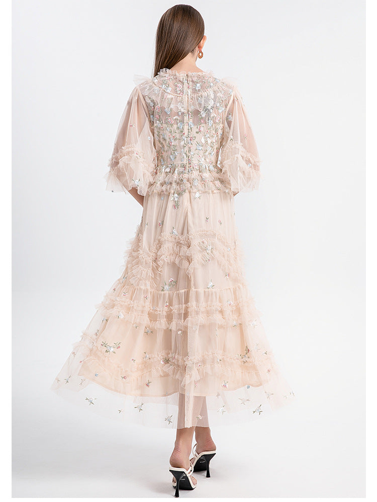 Ruffled Long Dress with Sheer Tulle Hem