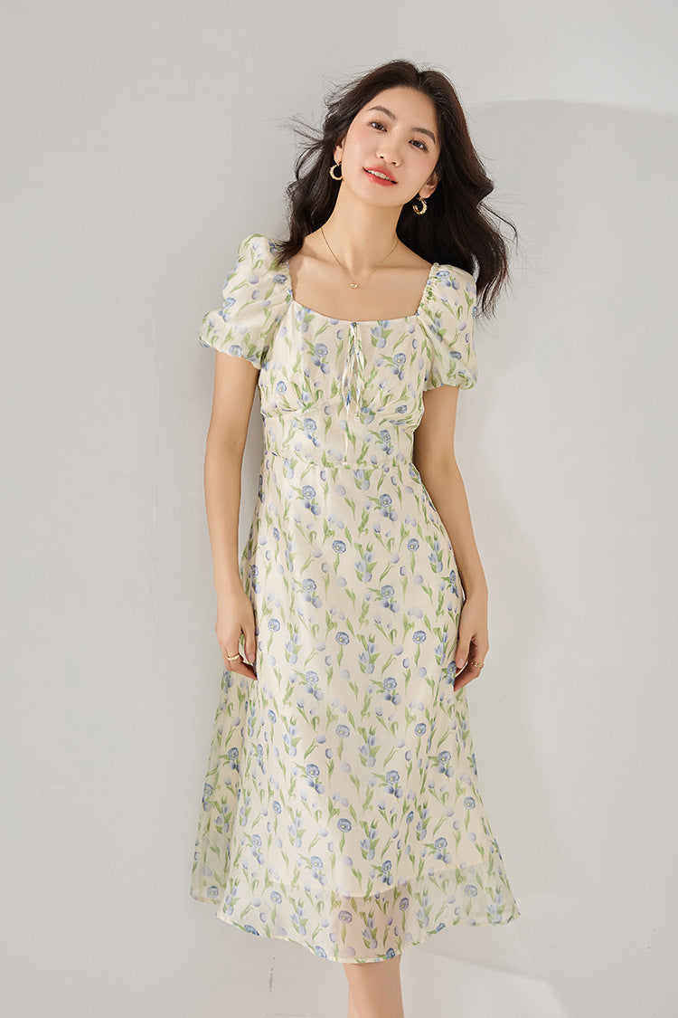Fitted Waist Polka Dot Puff Sleeve Summer Dress