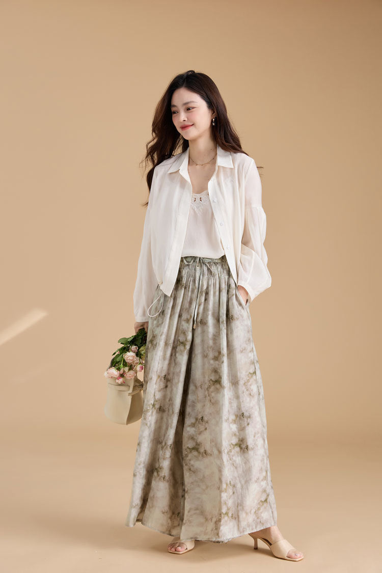 Elegant Ink Print Wide-Leg Tencel Pants