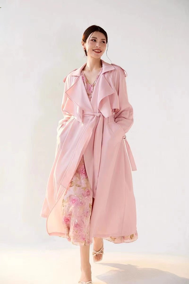 Pastel Blush Flowing Belted Trench Coat