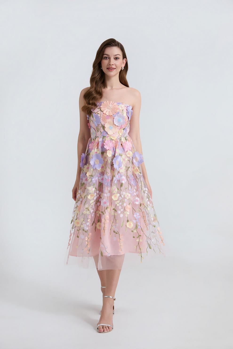 Strapless 3D Floral Embroidered Long Dress