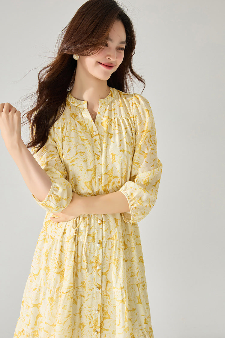 Yellow Floral Chiffon Long Dress