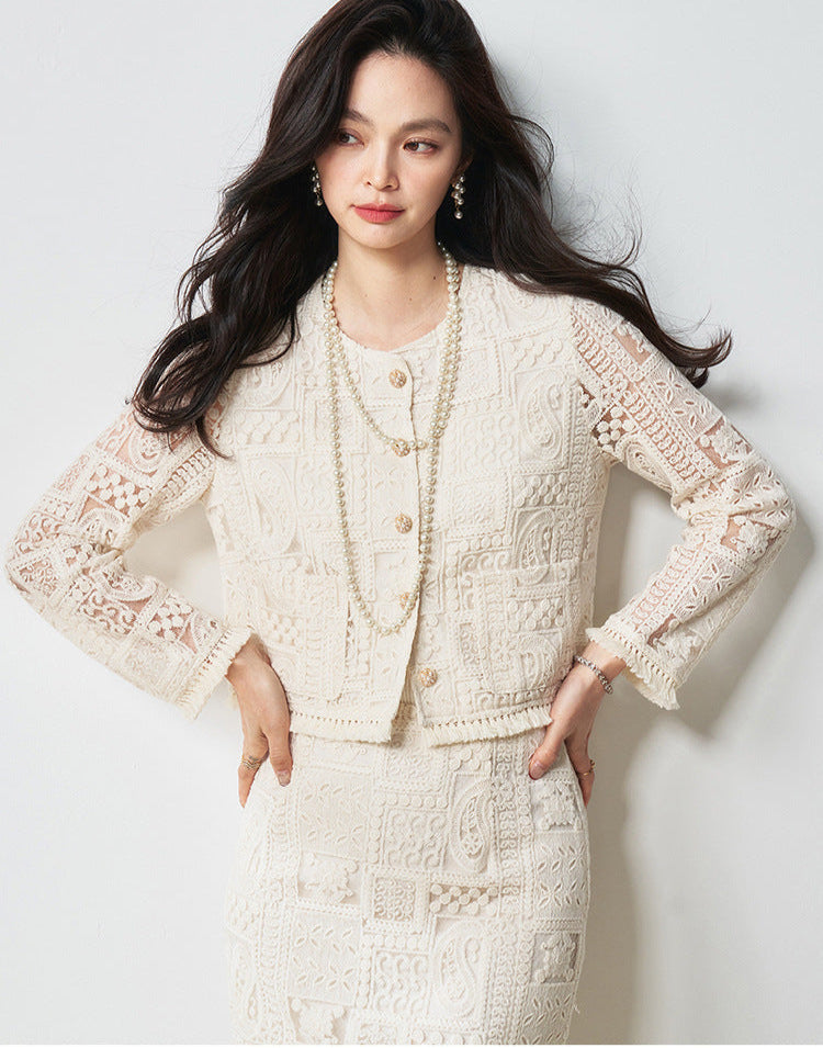 Luxury Beige Two-Piece Set with Fringe & Hollow Floral Details