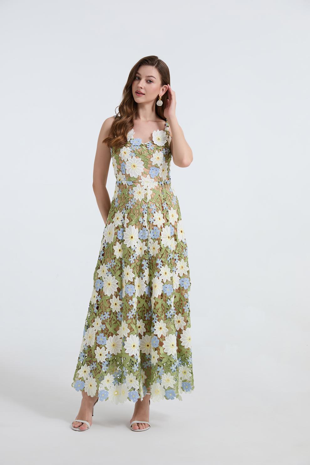 Embroidered One-Shoulder Green Maxi Dress