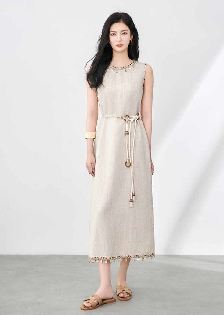 Boho Linen-Tencel Dress with Shell Detail and Removable Buckle Necklace