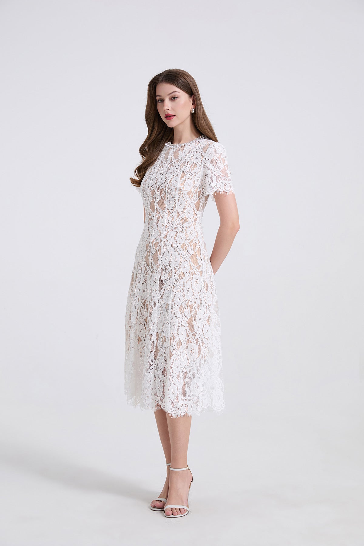 Pearl Embellished Lace Midi Dress
