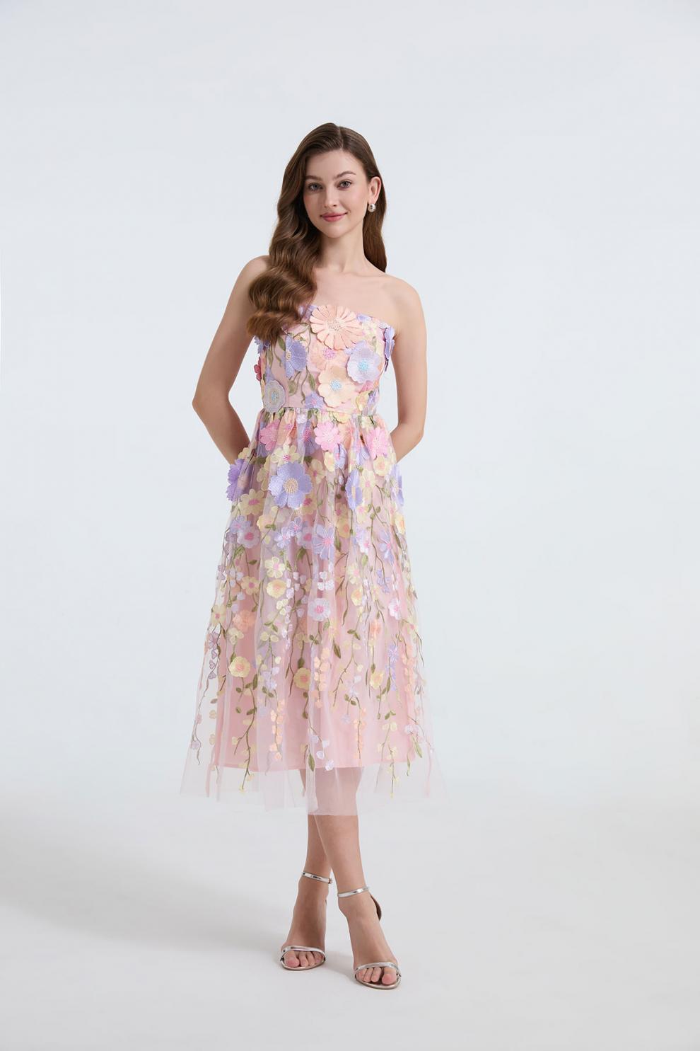 Strapless 3D Floral Embroidered Long Dress