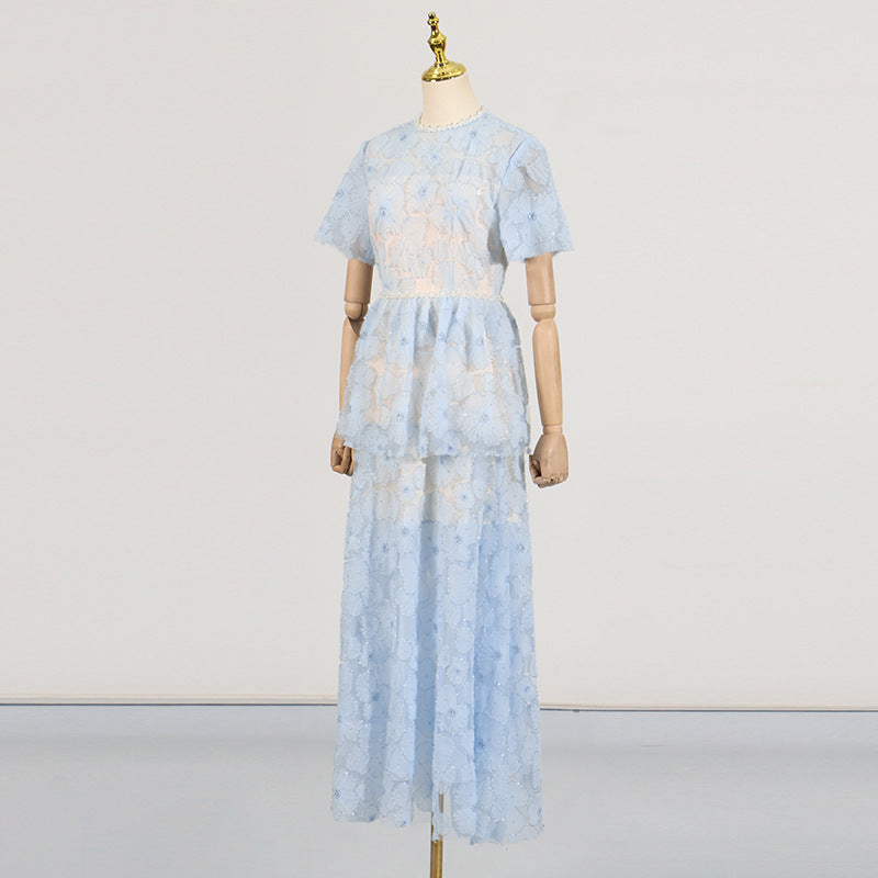 French Elegance Tiered Tulle Embroidered Maxi Dress