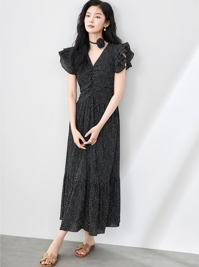 Romantic Polka Dot Midi Dress with Ruffle Sleeves and Necklace Detail