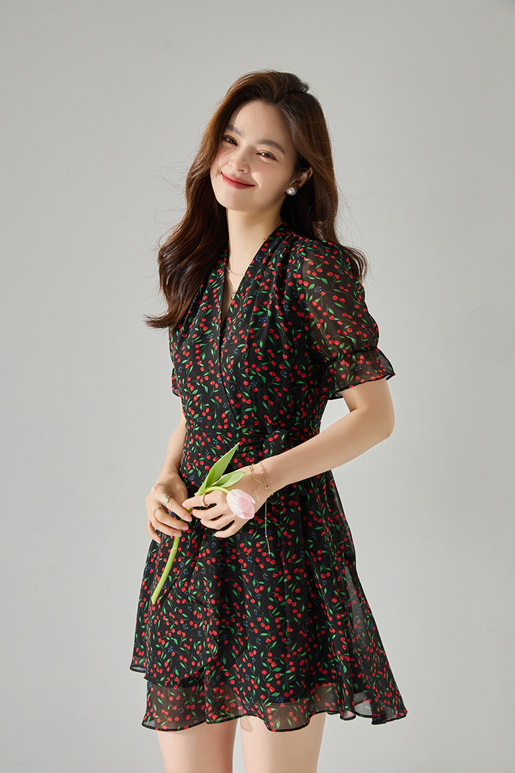 Fruit Print V-Neck Midi Dress