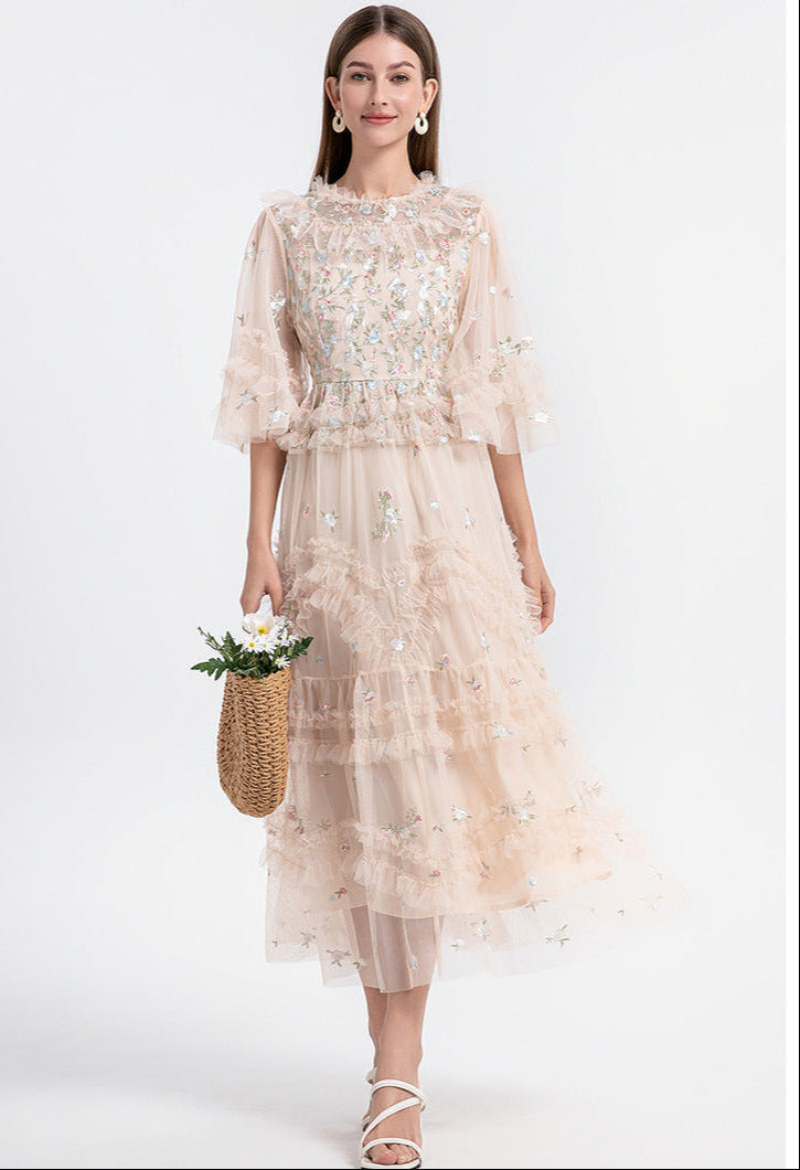 Ruffled Long Dress with Sheer Tulle Hem