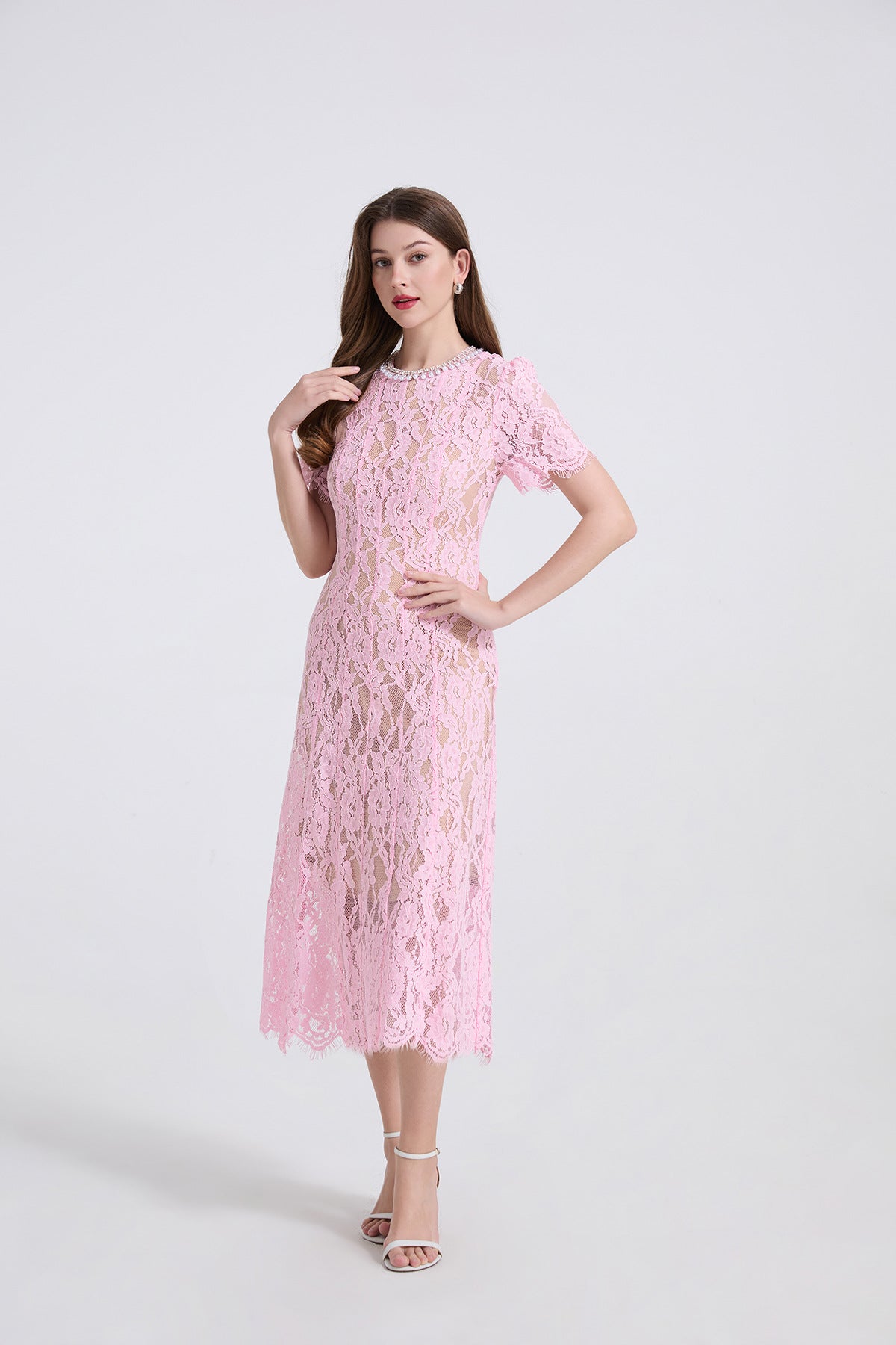 Pearl Embellished Lace Midi Dress
