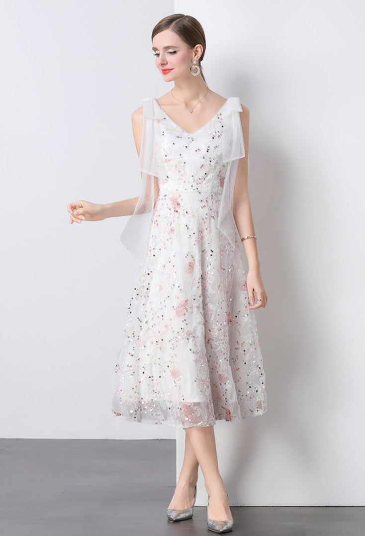 Crystal Sequin Embroidered V-Neck Midi Dress