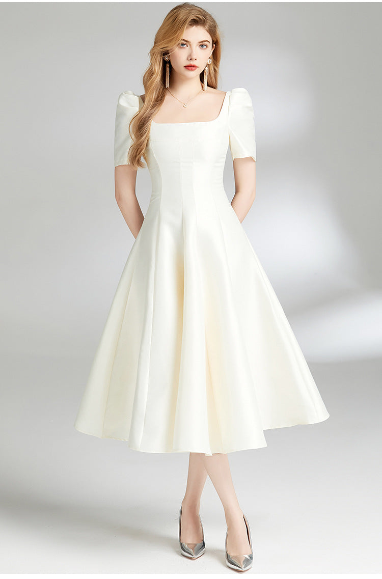 Elegant Hepburn Square-Neck Midi Dress