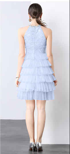 Crystal Chain Halter Neck Layered Tulle Dress