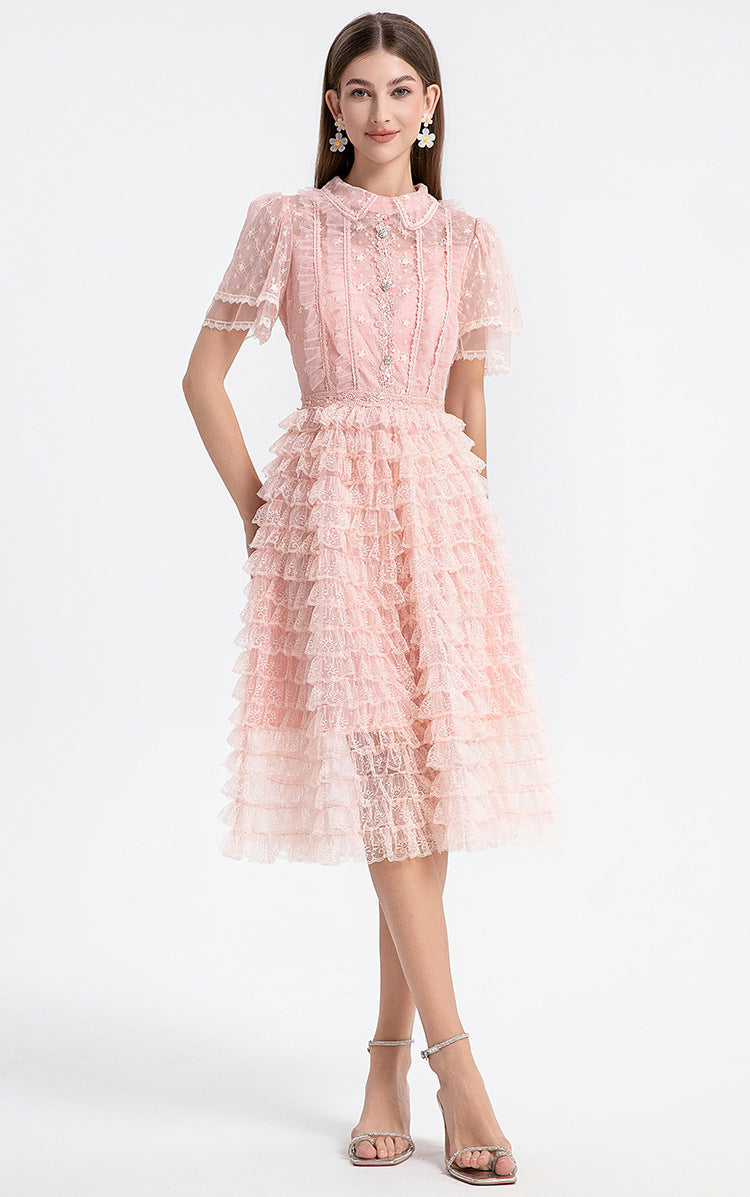 Blush Ruffle Lace Dress with Peter Pan Collar & Puff Sleeves
