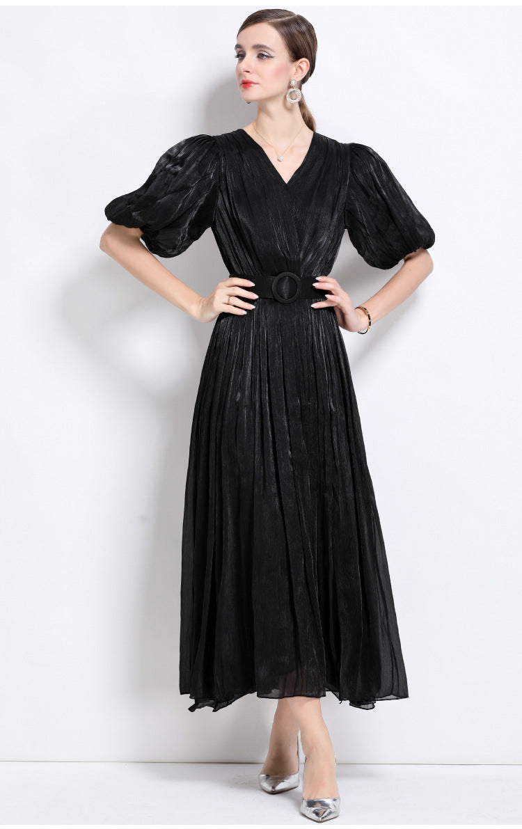 Shimmering Ruched Maxi Dress with Puff Sleeves
