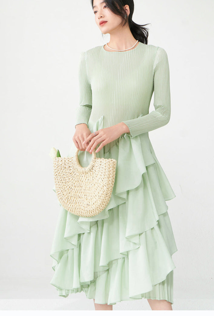Spring Breeze Ruffled Midi Dress – Long Sleeve, One Size