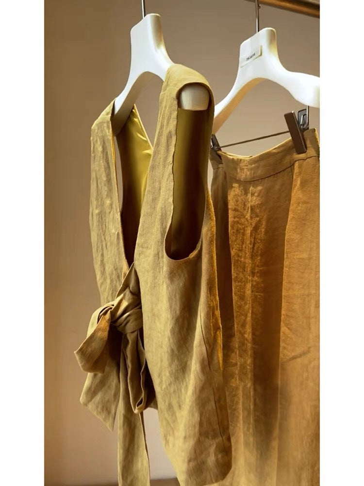 Linen Two-Piece Summer Set with Bow-Tie Back