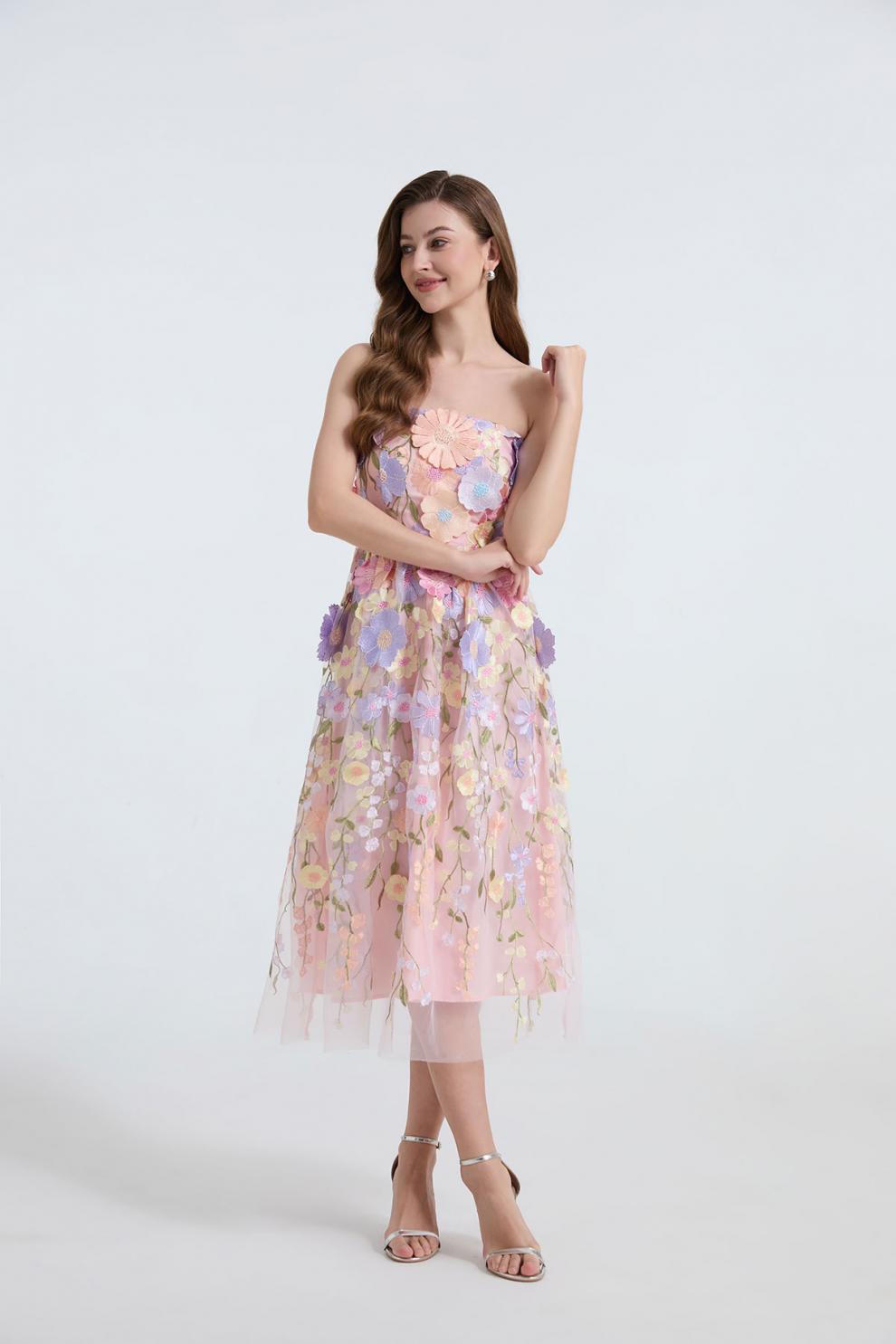 Strapless 3D Floral Embroidered Long Dress