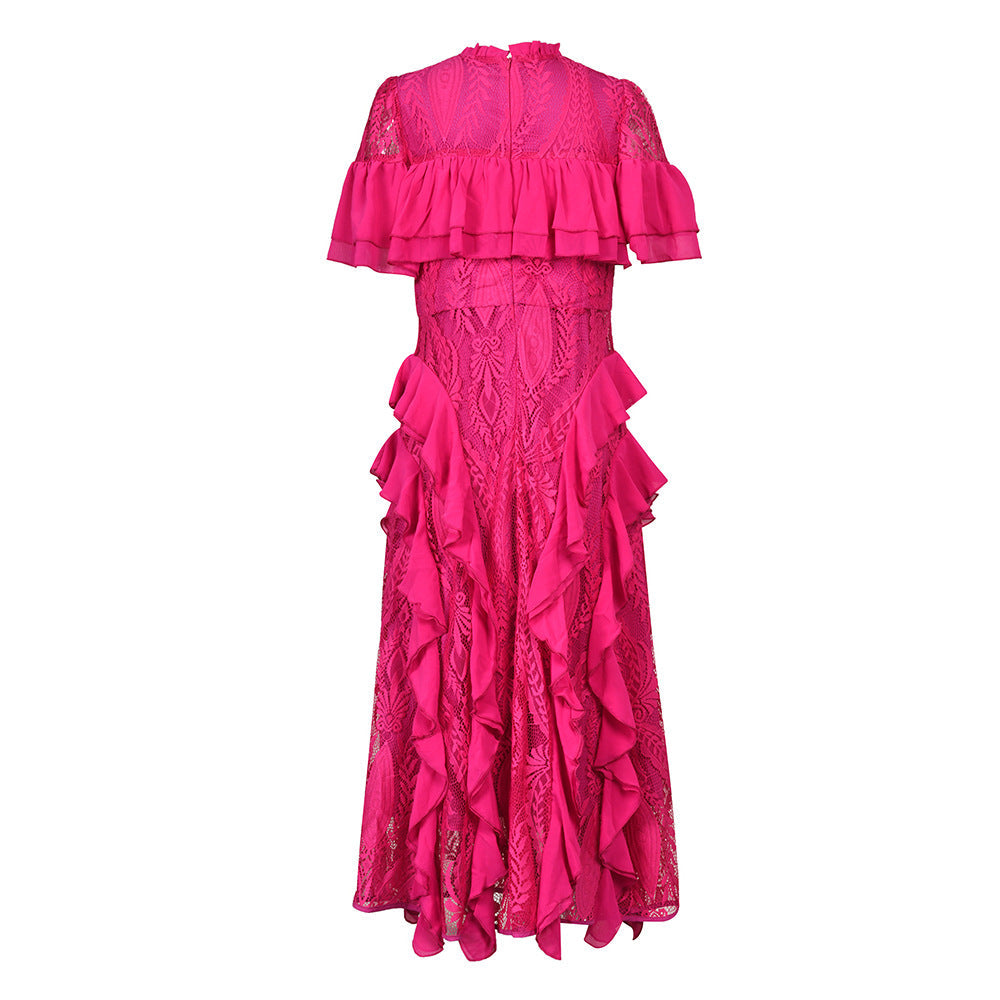 Frilled Short Sleeve Lace-Trim Lotus Dress