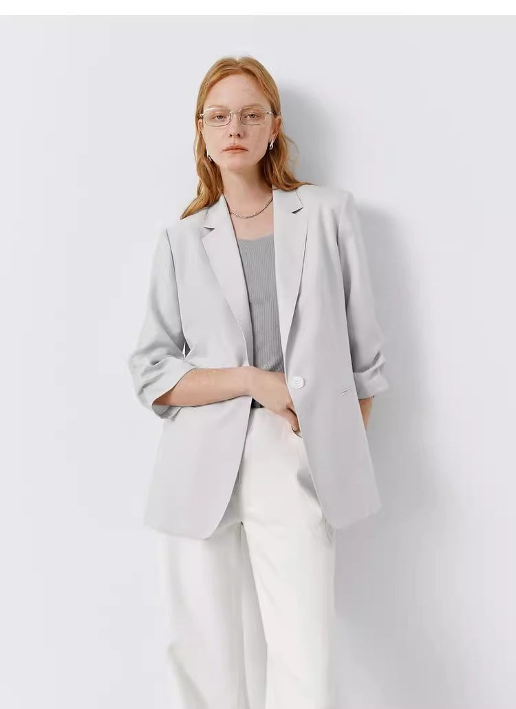 Pearl Grey Buttoned Cropped Jacket with Three-Quarter Sleeves