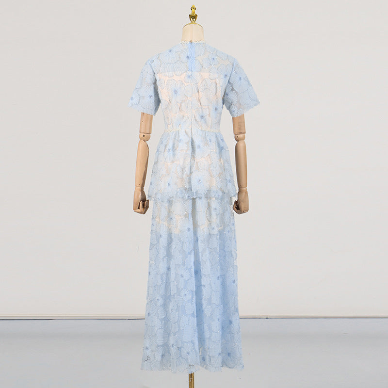 French Elegance Tiered Tulle Embroidered Maxi Dress
